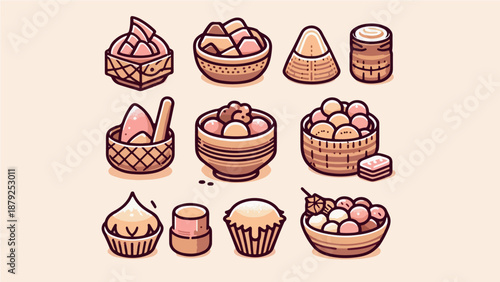 Cute Traditional Asian Desserts Illustration Set in Warm Pastel Style