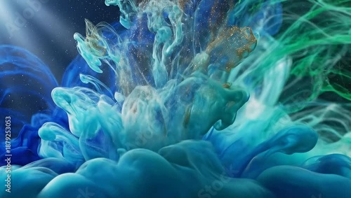Vibrant Abstract Fluid Motion with Blue and Green Hues Interspersed with Golden Particles