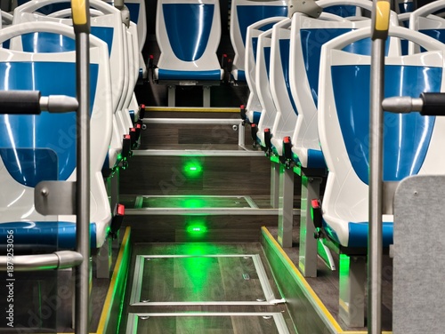 modern bus with advanced features, sleek bus cabin designed for night journeys and routine checks
