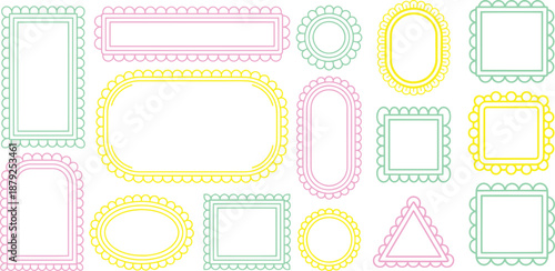 Decorative Scalloped Outline Frame and Label Collection with Rounded Oval Square and Geometric Shapes in Pastel Neon Line Vector Style for Packaging Branding Templates