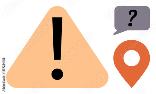 Warning signals, alerts, navigation, problem-solving, location awareness, questions. Exclamation mark with location pin and speech bubble containing a question mark. Warning and navigation concept
