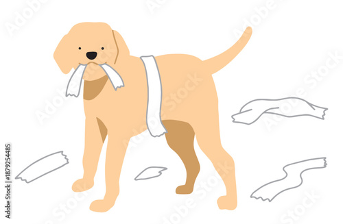 トイレットペーパーを破いていたずらをする犬　手書きイラスト
