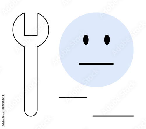 Problem solving, technical issues, repair tools, technology support, emotions, user assistance. A neutral face next to a wrench icon. Problem solving and technical issues concept