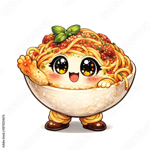 Cute spaghetti bowl mascot character with swirling pasta noodles and tomato sauce, 3D cartoon style illustration isolated on transparent background