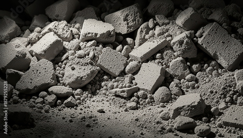 Crushed concrete blocks scattered on a dark background  