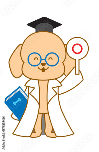 丸の札を掲げる博士犬　デフォルメイラスト