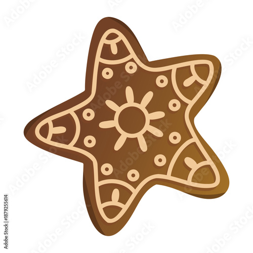 A star-shaped gingerbread cookie decorated with icing patterns. The cookie has a brown color and a festive design, perfect for holiday celebrations.
