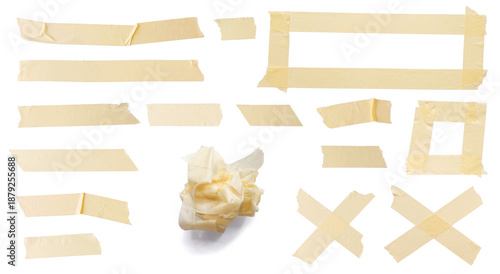Semi transparent yellow paper tape collection, scrap, frame, x shape, crumpled isolated, png on transparent background