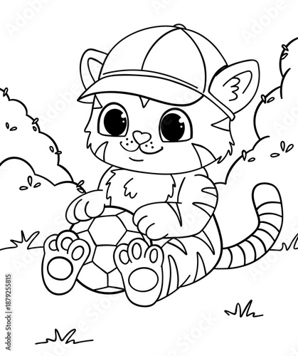 A cute cartoon tiger character wearing a cap, sitting on grass and holding a soccer ball. The background features bushes and a playful outdoor setting.
