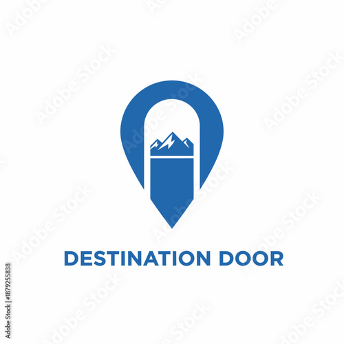 Modern map pin icon featuring mountain peaks and a doorway for travel agency or outdoor adventure tour branding Destination Door.