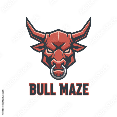 Fierce red bull head mascot for esports team and sports club branding identity isolated on white background titled Bull Maze.