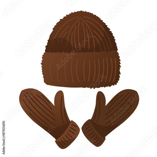 A brown knitted hat and matching mittens are displayed together. The items are cozy and suitable for winter wear, emphasizing warmth and comfort.