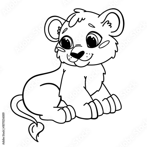 A cute cartoon lion cub sitting down with a playful expression. The lion has a fluffy mane and big, expressive eyes. It is drawn in a simple, child-friendly style.