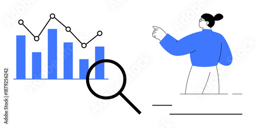 Data analysis, statistics, business insights, market research, analytics, corporate strategy. A magnifying glass examines a bar graph with a person pointing. Data analysis and statistics concept
