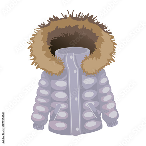 A light purple puffer jacket with a fur-lined hood. The jacket features a zip closure and round buttons. It is designed for cold weather wear.