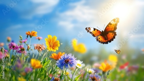 Vibrant butterfly gracefully flitting amidst a blooming flower meadow