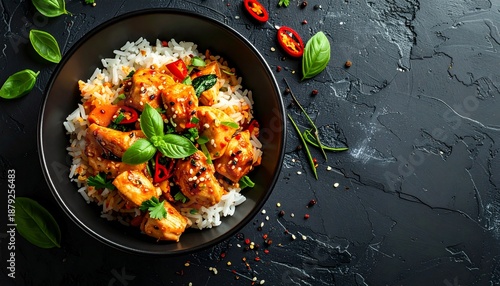 Delicious Thai green curry with chicken, rice, and basil, served in a bowl on a dark textured background, top view, culinary photography style, gourmet context
