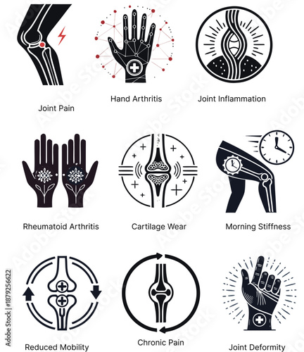 Arthritis (osteoarthritis & rheumatoid arthritis) minimalistic black vector icon sheet transparent background