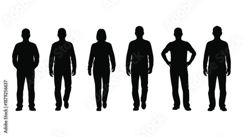 Silhouettes of six individuals isolated on white background, Vector