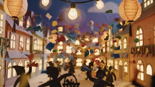 Paper model town with small figures holding baskets in festive street