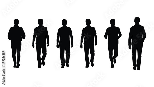 Silhouettes of six people walking isolated on white background, Vector