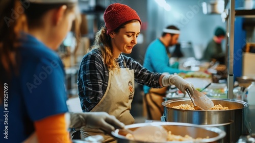 Dedicated volunteers preparing meals with warmth and compassion in a commercial kitchen