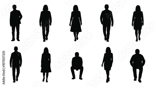 Silhouettes of diverse people in various poses isolated on white background, Vector