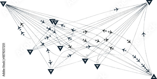 Airplane network diagram with triangular nodes, aviation communication system, flight path connections, transportation logistics, air traffic control, flat vector