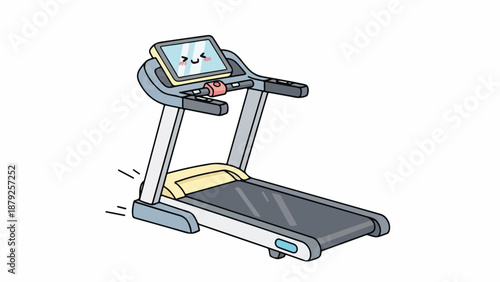 Illustration of a gray and yellow treadmill with a screen and black handles on a white background.