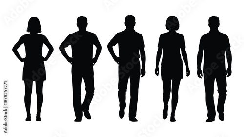 Silhouettes of five individuals isolated on white background, Vector