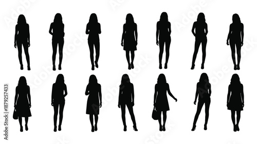 Silhouettes of women in various poses isolated on white background, Vector