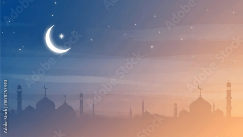 Serene mosque silhouette at dusk with crescent moon and stars