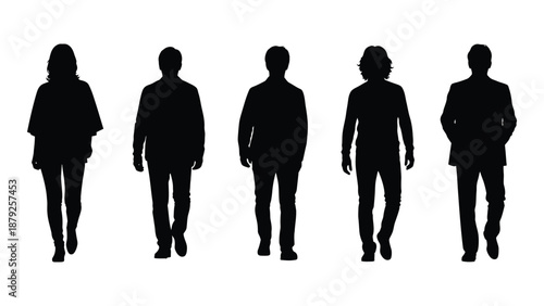 Silhouettes of diverse individuals walking isolated on white background, Vector