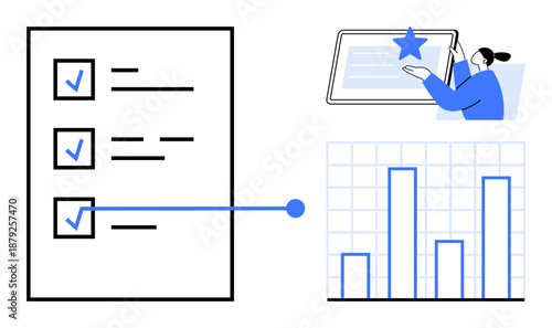 Time management, business strategy, data analysis, performance measurement, productivity, goal setting. Checklist, bar chart and person interacting with tablet. Productivity and data analysis