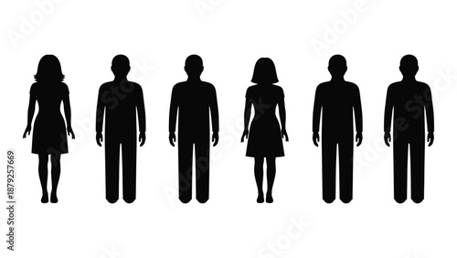 Silhouettes of six people isolated on white background, Vector