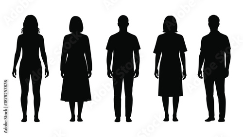 Silhouettes of five individuals isolated on white background, Vector