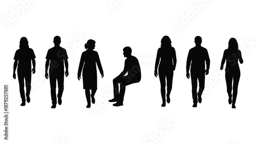 Silhouettes of people in various poses isolated on white background, Vector