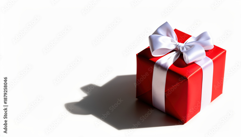 Obraz premium Red gift box with white ribbon casting shadow 
