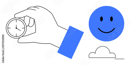 Time management concept. Time by a hand holding a clock alongside a smiling face and cloud. Time as positive productive energy. Great for productivity, business, mindfulness, scheduling, positivity