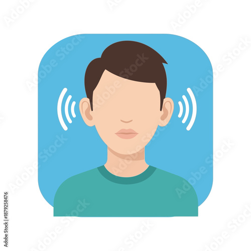 Man hearing sound waves, ear icon, concept of hearing and sound