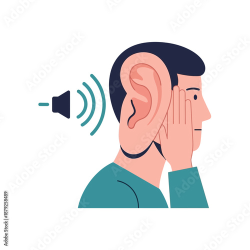 Man listening intently with hand cupped behind ear, sound waves from speaker icon