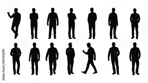 Silhouettes of people in various poses isolated on white background, Vector