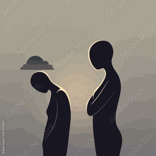Two abstract silhouettes, one bowed, one standing tall, against a textured sky
