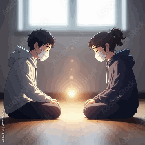 Two people in masks meditating in a dimly lit room