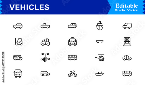 Unique Vehicles Line Icon Collection with Clean Minimal Vector Style Editable Pixel Perfect Icons for Modern Transport and Automotive Designs