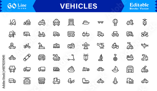 Unique Vehicles Line Icon Collection with Clean Minimal Vector Style Editable Pixel Perfect Icons for Modern Transport and Automotive Designs