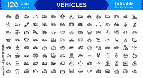 Unique Vehicles Line Icon Collection with Clean Minimal Vector Style Editable Pixel Perfect Icons for Modern Transport and Automotive Designs