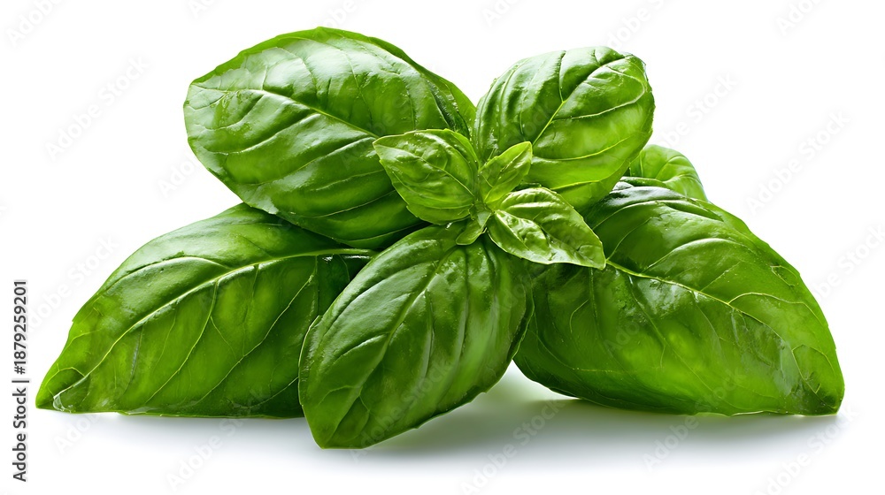 Fototapeta premium Stack of fresh basil leaves with visible veins and natural curl, rich green color, isolated on white background