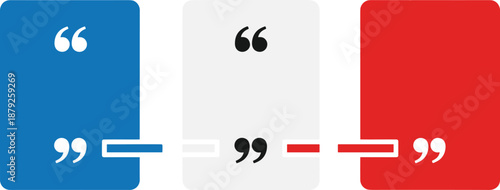 Three quotation marks on colored rectangular blocks illustrating a conversation or dialogue in a graphic representation