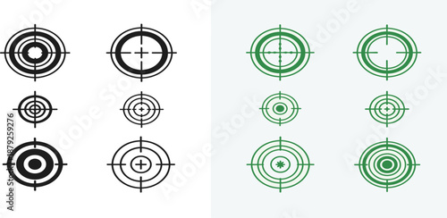 Set of target icons displayed in black and green on a plain white background from a straightforward viewpoint